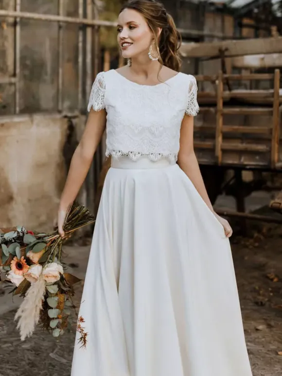 Two-piece Wedding Dress Stretch Crepe Jewel Neck Floor-Length Zipper Short Sleeves Floor Length
