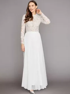 Two-piece wedding dress Tulle Jewel Neck A-Line Ankle-Length Zipper Long Sleeves