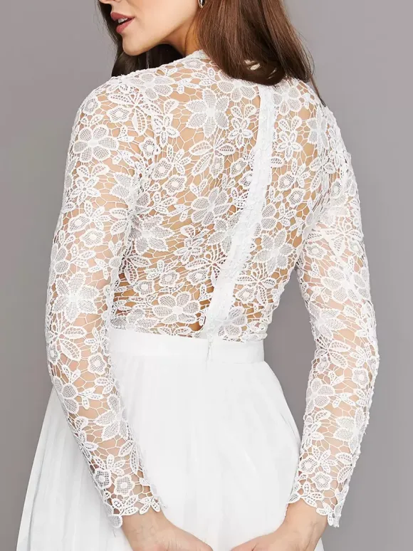 Two-piece wedding dress Tulle Jewel Neck A-Line Ankle-Length Zipper Long Sleeves