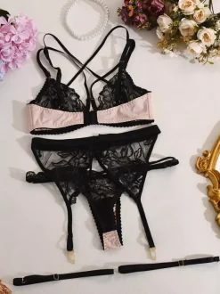 Two-Tone Embroidery Lingerie Sheer Lace Black Bra Panty Garter 4-Piece Sets