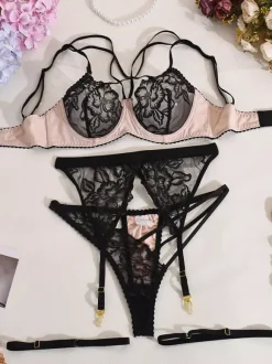 Two-Tone Embroidery Lingerie Sheer Lace Black Bra Panty Garter 4-Piece Sets