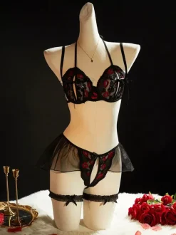 Two-Tone Lingerie Lace Bows Black Bra Panty Sets