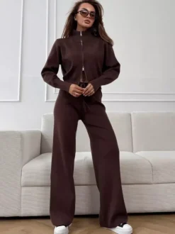 Two Way Zip Knit Lounge Set For Women - Chic Mock Neck Cardigan And Wide Leg Pants - Spring Casual Streetwear 2026