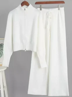 Two Way Zip Knit Lounge Set For Women - Chic Mock Neck Cardigan And Wide Leg Pants - Spring Casual Streetwear 2026