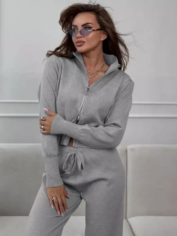Two Way Zip Knit Lounge Set For Women - Chic Mock Neck Cardigan And Wide Leg Pants - Spring Casual Streetwear 2026