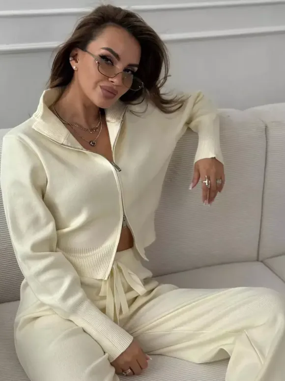 Two Way Zip Knit Lounge Set For Women - Chic Mock Neck Cardigan And Wide Leg Pants - Spring Casual Streetwear 2026