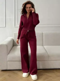 Two Way Zip Knit Lounge Set For Women - Chic Mock Neck Cardigan And Wide Leg Pants - Spring Casual Streetwear 2026