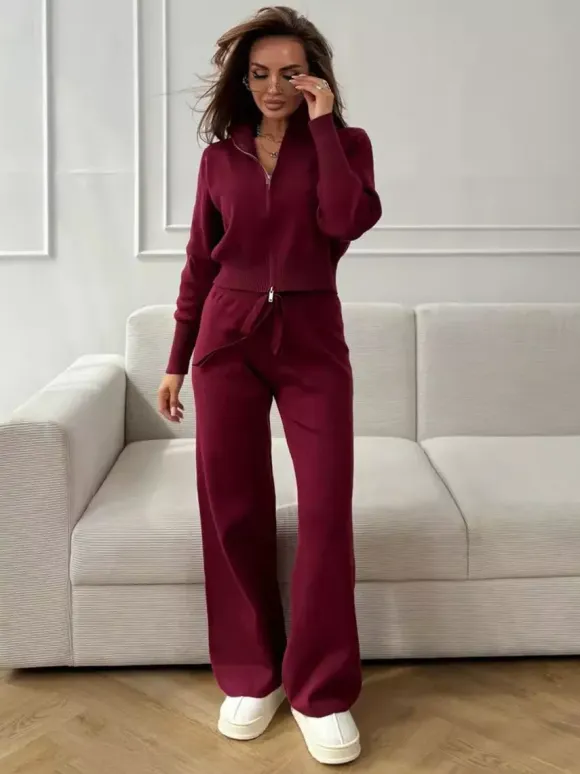 Two Way Zip Knit Lounge Set For Women - Chic Mock Neck Cardigan And Wide Leg Pants - Spring Casual Streetwear 2026