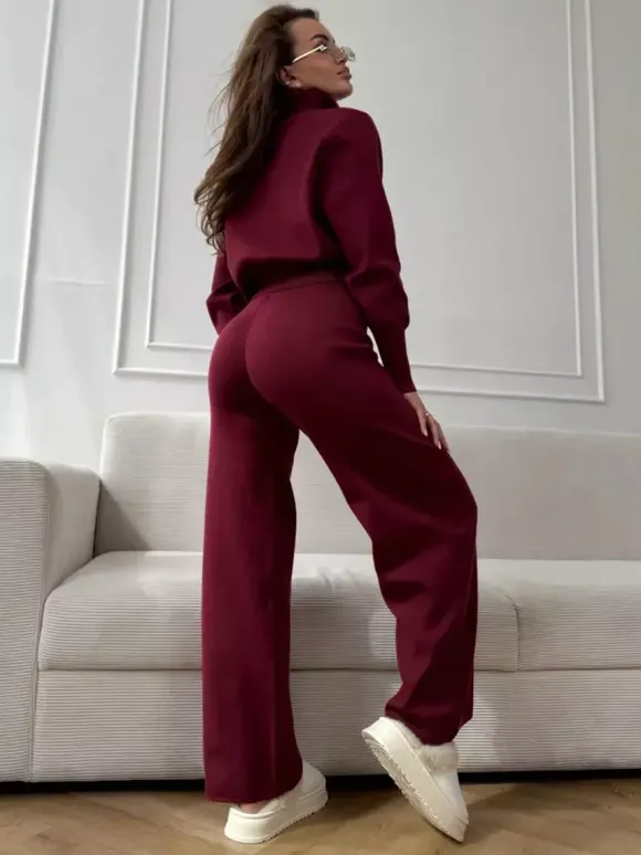 Two Way Zip Knit Lounge Set For Women - Chic Mock Neck Cardigan And Wide Leg Pants - Spring Casual Streetwear 2026