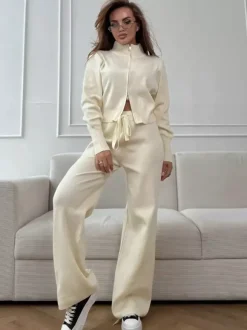 Two Way Zip Knit Lounge Set For Women - Chic Mock Neck Cardigan And Wide Leg Pants - Spring Casual Streetwear 2026