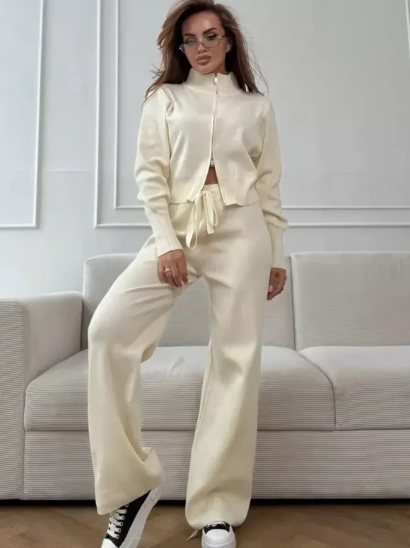 Two Way Zip Knit Lounge Set For Women - Chic Mock Neck Cardigan And Wide Leg Pants - Spring Casual Streetwear 2026