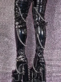 Unisex Black Thigh High Boots Platform Chunky Heel Chain Detail Over The Knee Gothic Boots