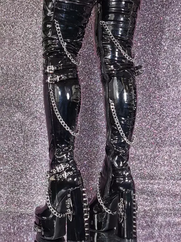 Unisex Black Thigh High Boots Platform Chunky Heel Chain Detail Over The Knee Gothic Boots