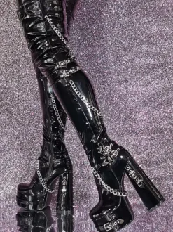 Unisex Black Thigh High Boots Platform Chunky Heel Chain Detail Over The Knee Gothic Boots