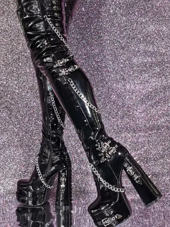 Unisex Black Thigh High Boots Platform Chunky Heel Chain Detail Over The Knee Gothic Boots