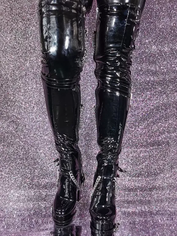Unisex Black Thigh High Boots Platform Chunky Heel Chain Detail Over The Knee Gothic Boots