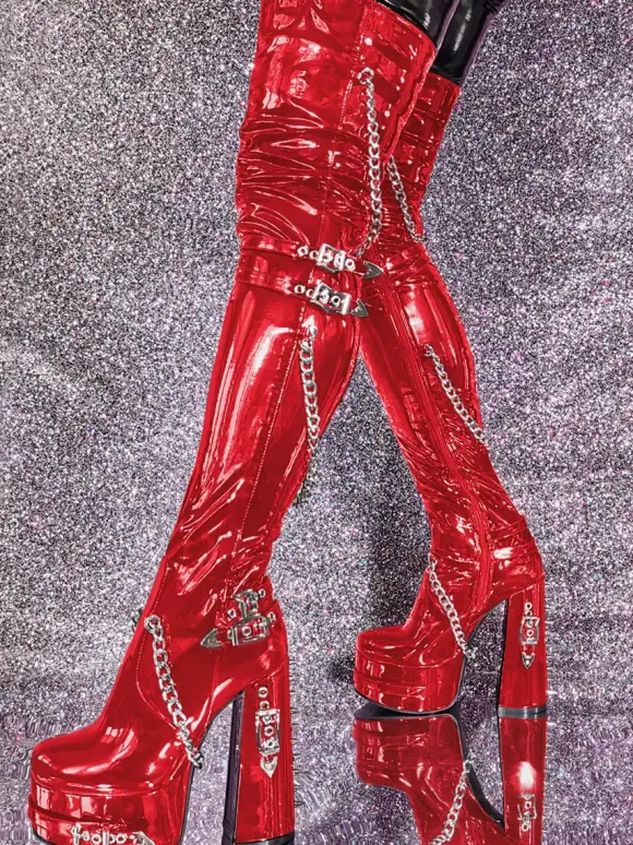 Unisex Black Thigh High Boots Platform Chunky Heel Chain Detail Over The Knee Gothic Boots