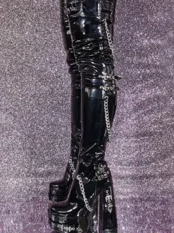 Unisex Black Thigh High Boots Platform Chunky Heel Chain Detail Over The Knee Gothic Boots