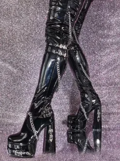 Unisex Black Thigh High Boots Platform Chunky Heel Chain Detail Over The Knee Gothic Boots