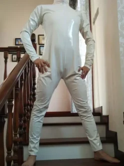 Unisex Ivory PVC Shiny Metallic Catsuit with Zipper