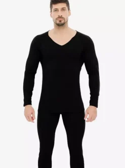 Unisex Underwear Set Fleece Lined Slim Fit V-Neck Seamless Top And Bottom