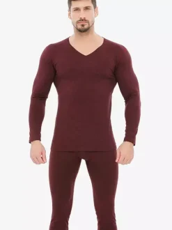 Unisex Underwear Set Fleece Lined Slim Fit V-Neck Seamless Top And Bottom