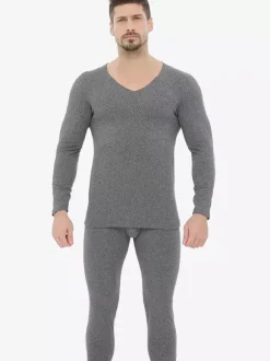 Unisex Underwear Set Fleece Lined Slim Fit V-Neck Seamless Top And Bottom