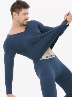 Unisex Underwear Set Fleece Lined Slim Fit V-Neck Seamless Top And Bottom