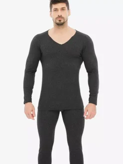 Unisex Underwear Set Fleece Lined Slim Fit V-Neck Seamless Top And Bottom