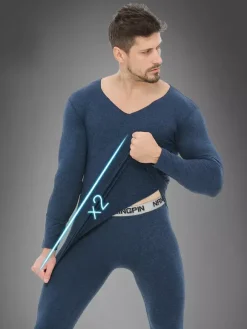 Unisex Underwear Set Fleece Lined Slim Fit V-Neck Seamless Top And Bottom