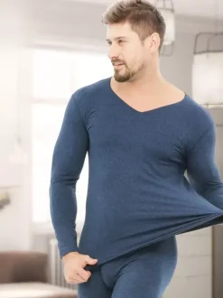 Unisex Underwear Set Fleece Lined Slim Fit V-Neck Seamless Top And Bottom