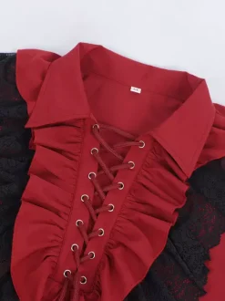 Unisex Vintage Ruffled Sleeve Blouse Victorian Style Tie-Neck Trendy Renaissance Inspired Top Burgundy