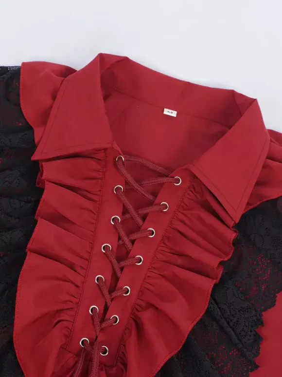 Unisex Vintage Ruffled Sleeve Blouse Victorian Style Tie-Neck Trendy Renaissance Inspired Top Burgundy
