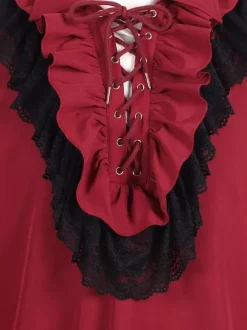 Unisex Vintage Ruffled Sleeve Blouse Victorian Style Tie-Neck Trendy Renaissance Inspired Top Burgundy