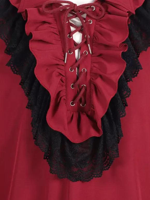 Unisex Vintage Ruffled Sleeve Blouse Victorian Style Tie-Neck Trendy Renaissance Inspired Top Burgundy