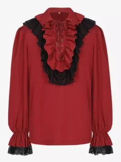 Unisex Vintage Ruffled Sleeve Blouse Victorian Style Tie-Neck Trendy Renaissance Inspired Top Burgundy