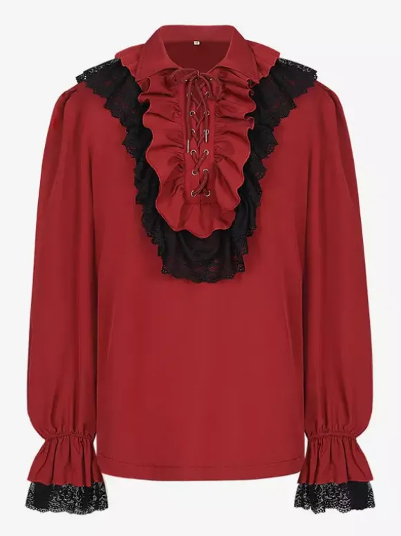 Unisex Vintage Ruffled Sleeve Blouse Victorian Style Tie-Neck Trendy Renaissance Inspired Top Burgundy