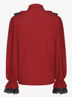 Unisex Vintage Ruffled Sleeve Blouse Victorian Style Tie-Neck Trendy Renaissance Inspired Top Burgundy