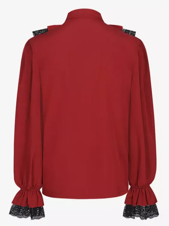 Unisex Vintage Ruffled Sleeve Blouse Victorian Style Tie-Neck Trendy Renaissance Inspired Top Burgundy