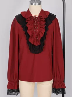 Unisex Vintage Ruffled Sleeve Blouse Victorian Style Tie-Neck Trendy Renaissance Inspired Top Burgundy