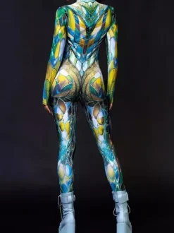 UV Glow Catsuits & Zentai Rainbow Stained Glass Print Long Sleeve Zip Up High Neck Skinny Bodysuit Rave Festival Costume Jumpsuit