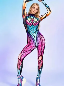 UV Glow Catsuits & Zentai Rainbow Stained Glass Print Long Sleeve Zip Up High Neck Skinny Bodysuit Rave Festival Costume Jumpsuit