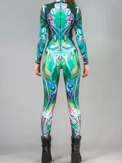 UV Glow Catsuits & Zentai Rainbow Stained Glass Print Long Sleeve Zip Up High Neck Skinny Bodysuit Rave Festival Costume Jumpsuit