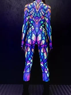 UV Glow Catsuits & Zentai Rainbow Stained Glass Print Long Sleeve Zip Up High Neck Skinny Bodysuit Rave Festival Costume Jumpsuit