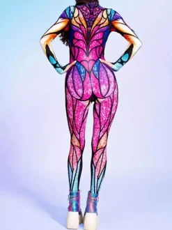 UV Glow Catsuits & Zentai Rainbow Stained Glass Print Long Sleeve Zip Up High Neck Skinny Bodysuit Rave Festival Costume Jumpsuit