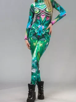 UV Glow Catsuits & Zentai Rainbow Stained Glass Print Long Sleeve Zip Up High Neck Skinny Bodysuit Rave Festival Costume Jumpsuit