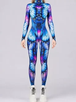 UV Glow Catsuits & Zentai Rainbow Stained Glass Print Long Sleeve Zip Up High Neck Skinny Bodysuit Rave Festival Costume Jumpsuit