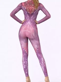 UV Glow Catsuits & Zentai Rainbow Stained Glass Print Long Sleeve Zip Up High Neck Skinny Bodysuit Rave Festival Costume Jumpsuit