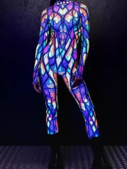 UV Glow Catsuits & Zentai Rainbow Stained Glass Print Long Sleeve Zip Up High Neck Skinny Bodysuit Rave Festival Costume Jumpsuit