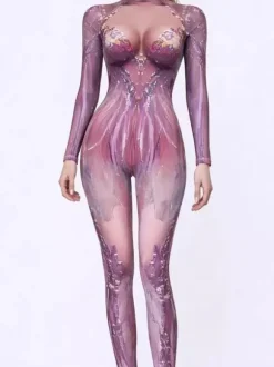 UV Glow Catsuits & Zentai Rainbow Stained Glass Print Long Sleeve Zip Up High Neck Skinny Bodysuit Rave Festival Costume Jumpsuit